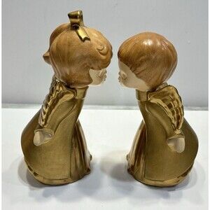Vintage Kissing Angels Figurine Boy Girl Pottery Gold Hand Painted Set Christmas